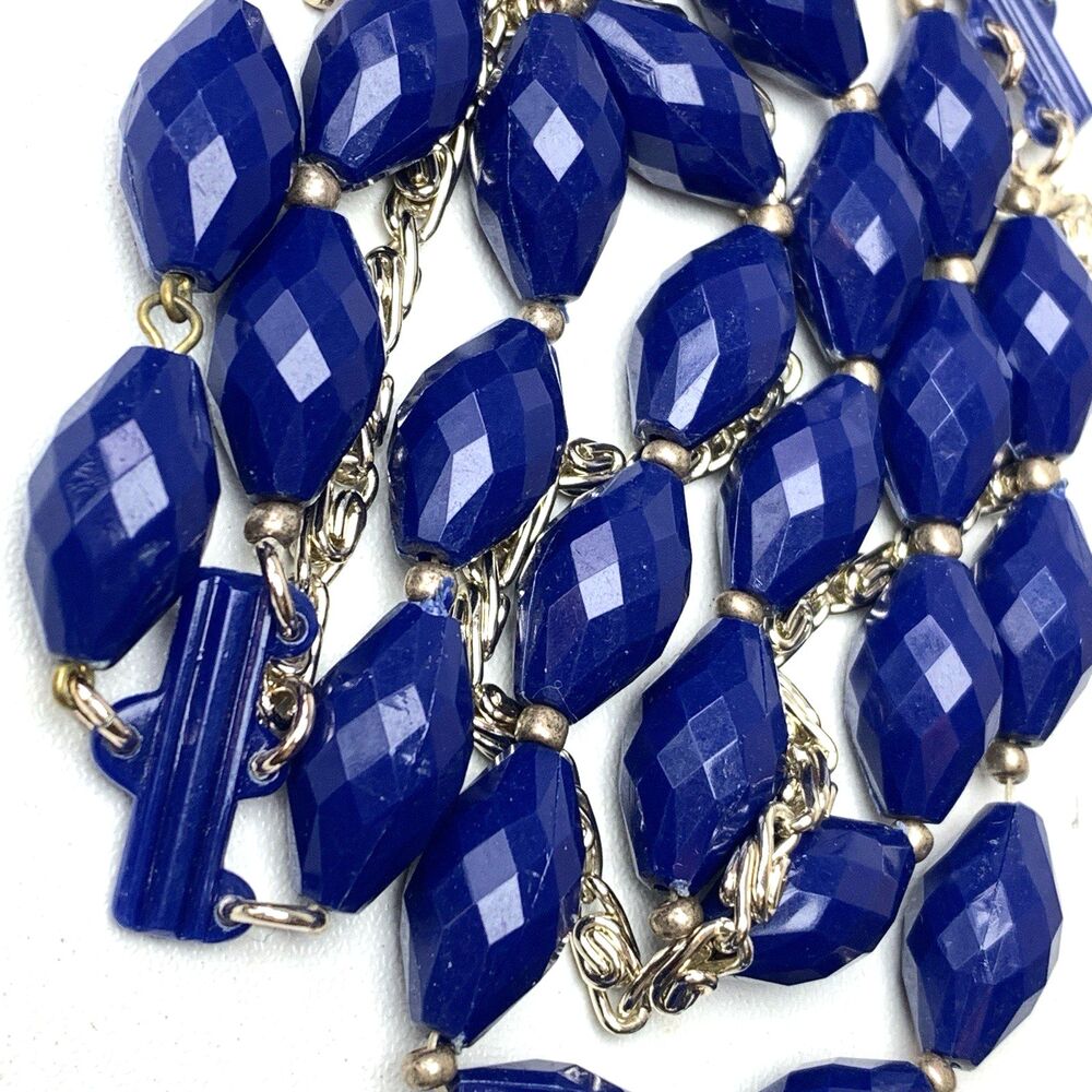 Vintage West Germany Blue Faceted Acrylic Bead Statement Necklace Silver Tone - Picture 2 of 9